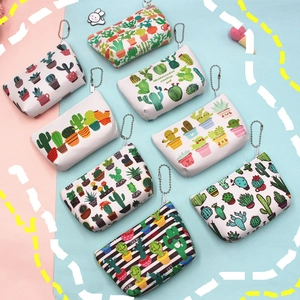 Set of eight watercolor cactus print PU leather coin purses with zipper and bead chain