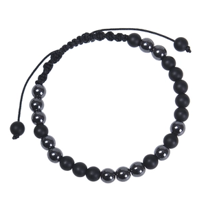 Detail of Morse code beaded bracelet with matte black stones and polished hematite beads