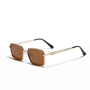 Retro square sunglasses with gold metal frame and brown lenses in a high-angle side view