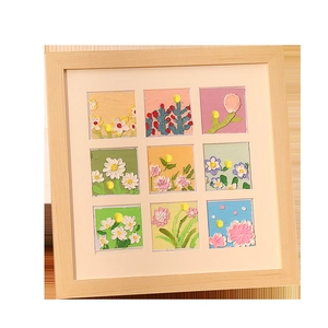 3D impasto floral oil painting in a 9-grid wooden shadow box frame tabletop decor