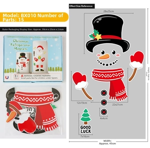 Detailed view of 15pcs Christmas snowman fridge magnets with dimensions and lucky tree icon