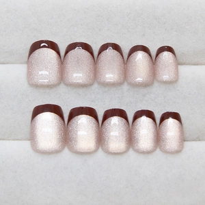 Short square coffee cat-eye press-on nails with french tip and champagne gold glitter
