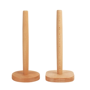 Vertical beech wood kitchen paper towel holders with round and square bases on white