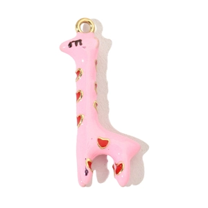 Close-up of pink giraffe pendant with red heart patterns and gold-plated edges