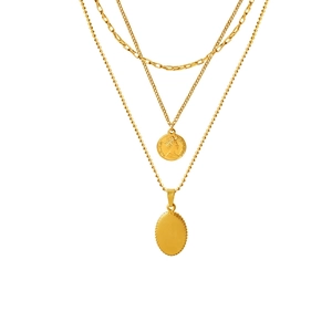 Triple Layer Pendant Necklace Stainless Steel Gold Plated Coin Portrait Oval Tag Retro French Style Jewelry For Women