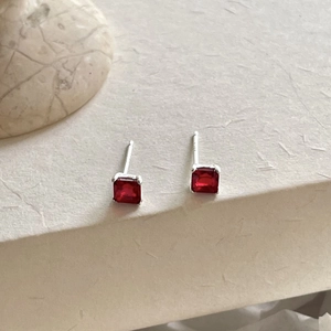 Minimalist 925 sterling silver stud earrings with square red zircon gemstone