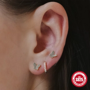 Minimalist 925 sterling silver butterfly stud and micro-pave hoop earring set for women