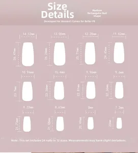 Size chart for sweet pink press-on nails featuring 24 pieces in 12 different dimensions