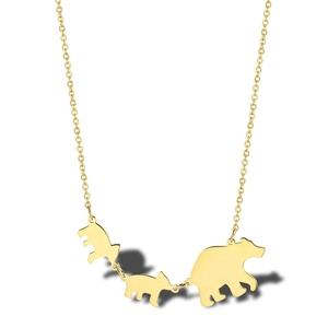 Creative gold stainless steel necklace with bear family silhouette pendant on white background