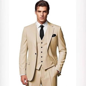 Slim fit beige three-piece business suit for men featuring blazer vest and trousers