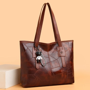 Fashion Large Capacity Women Tote Bag PU Leather Geometric Texture Commuter Shoulder Handbag With Bear Charm