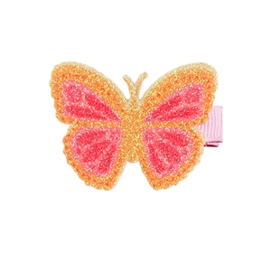 Detail of pink and orange butterfly hair clip with glitter fabric and metal duckbill clip