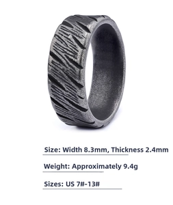 Macro detail of industrial style matte ring with 8.3mm width and textured surface