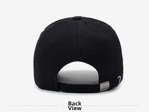 Detail view of black vintage baseball cap back with adjustable metal buckle and ny logo