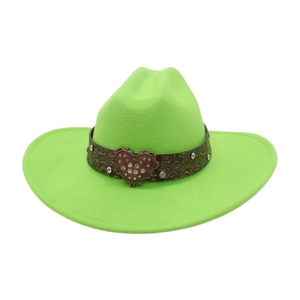Neon green felt cowboy hat with embossed band and crystal heart buckle on white background