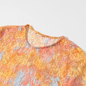 Detailed view of the round neckline on a mesh lace top with colorful floral oil painting print