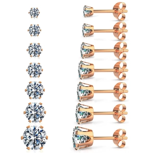 Rose gold stainless steel stud earrings set with six-prong diamonds in various sizes