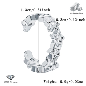 Detailed size chart for star-shaped S925 sterling silver ear cuff with cubic zirconia