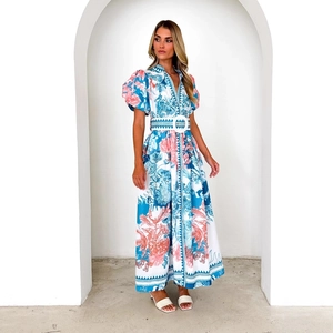 Floral print maxi dress with puff sleeves and waist tie, summer vacation style for women