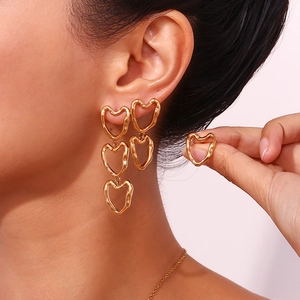 Chic 18K gold plated hollow heart-shaped stainless steel stud and drop earrings set