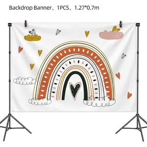 Rainbow bohemian party backdrop with heart and cloud motifs measuring 1.27x0.7m