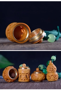 Close-up of hollowed sandalwood sachet with durable brass screw thread and wood carving