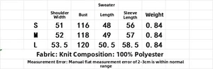 Detailed size chart for women's knitted bomber jacket showing S M L measurements in centimeters