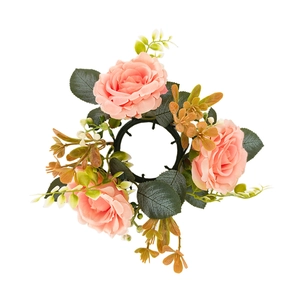Pink silk rose wreath candle holder for romantic wedding table and home decor centerpiece