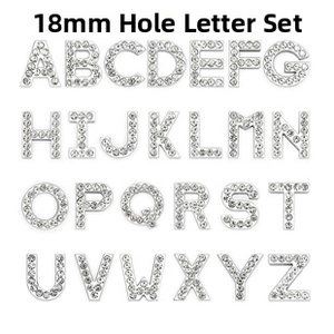 Macro detail of 18mm slider charms set featuring A-Z letters with white rhinestones