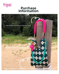 Detail of knitted tote bag showing handle 1kg limit and green plastic chain decor