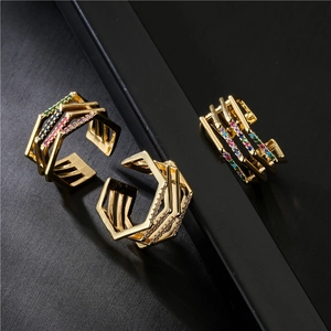 Geometric Multi Layer Open Ring Copper 18K Gold Plated Colorful Cubic Zirconia Adjustable Hollow Fashion For Women