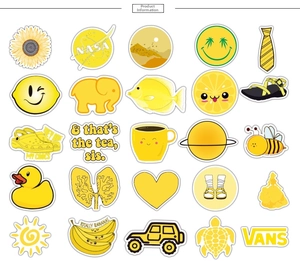 Collection of yellow VSCO stickers including sunflower and NASA motifs for luggage laptop