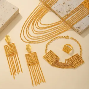 Golden multi-layer fringe necklace set with earrings, bracelet and ring for women