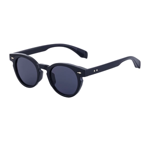 Retro oval black frame sunglasses with dark grey lenses and metal arrow rivets