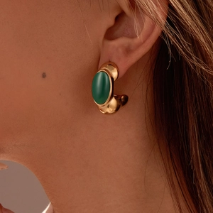 Chunky C Hoop Earrings Stainless Steel With 18K Gold Plated Vintage Oval Faux Stone Inlay French Retro Jewelry For Women