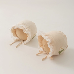 Cuffia Neonato Cappellino Cotone Muselina Pizzo Patch Floreale Traspirante Stile Principessa Sottogola Per Infanti