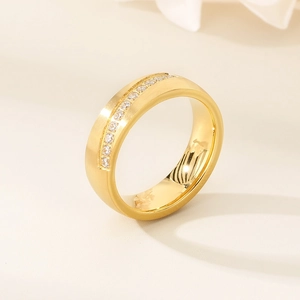 Detail of gold brushed stainless steel ring with channel-set sparkling zircons