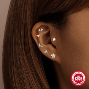 S925 sterling silver marquise crown ear piercing set with zircon on model's ear