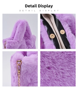 Detailed close-up of purple faux fur bag texture with magnetic clasp and metal hooks