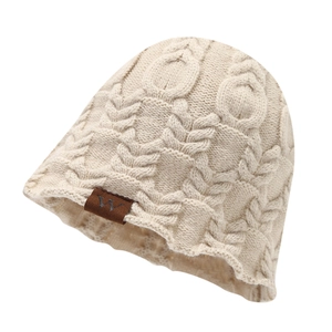 Beige Grobstrickmütze mit braunem W-Lederpatch für Herbst und Winter Damen Herren
