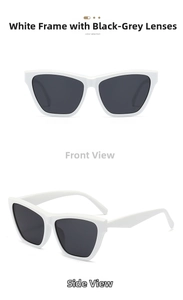 Detail view of white cat-eye sunglasses with dark grey lenses and retro hip-hop style