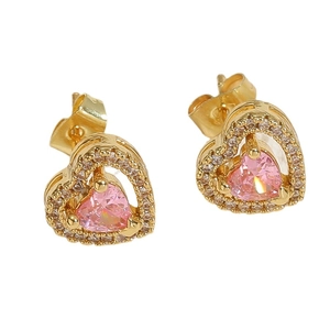 14K gold plated heart earrings with pink zircon stone and pavé crystal border