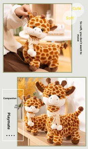 Close-up of soft giraffe plush toy with striped scarf and realistic brown spot pattern