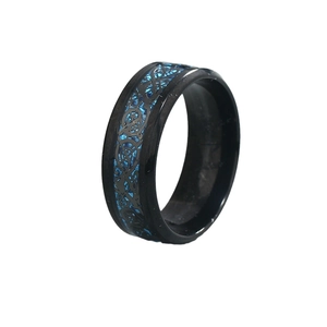 Men's black stainless steel ring featuring a blue Celtic dragon pattern on a white background