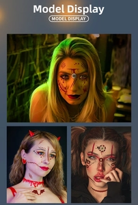 Realistic Halloween face tattoos with bloody wounds, stitches and demon horn designs