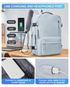 Detalle del puerto de carga USB y salida de auriculares en una mochila azul claro.