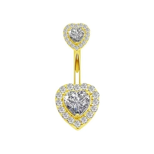 Classic gold double heart belly button ring with sparkling white cubic zirconia stones