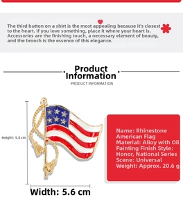 Detailed view of rhinestone US flag brooch with alloy enamel finish and dimensions