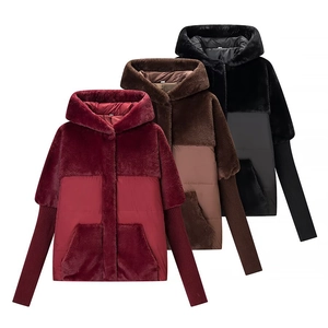 Women hooded jackets with faux fur patchwork and knit sleeves in burgundy, brown and black