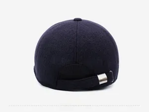 Rear view of winter wool baseball cap with adjustable metal buckle and warm fabric